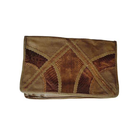 Vintage 80s CARLOS FALCHI Exotic Snakeskin Lizard Patchwork Envelope Clutch USA - Picture 2 of 8
